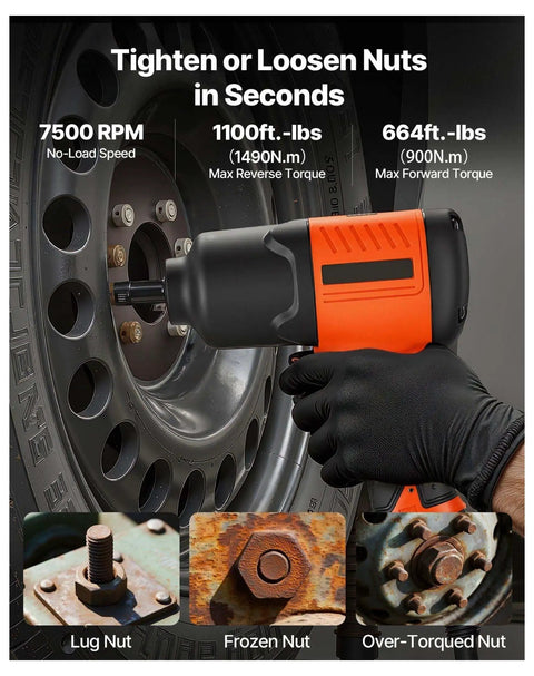 Professional Grade Badass 1/2 Inch Drive Air Impact Wrench With 1100 Ft Lbs Knockout Torque And 7500 RPM Savage Speeds in use on a lug nut.