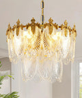 Next Level Two Layer Gold Crystal Glass Chandelier And Four Light Round Pendant Fixtures With Brushed Brass Finish and Adjustable Height.