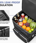 Large Collapsible Soft Sided Cooler On Wheels With A Big 7 Inch Wheel 84 Can Capacity Perfect For Beach Trips Camping Fishing And Road Trips 20 Plus Hour Ice Retention Leakproof And Anti Tipping Design with open lid showing cans and fruits inside.