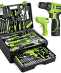 Hella Durable 299 Piece Tool Set With 12V Cordless Drill And Slick Hand Tools, organized black and green toolbox open with tools.
