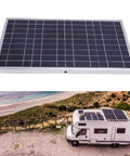 100 Watt Solar Panel Kit For Off Grid Power On The Go on RV near beach, top panel view and RV rooftop installation.