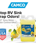 Gray Water Odor Control For RV And Camper Grease Buster Tank Treatment In Lemon Scent, 64 oz bottle with lemon graphics and USA flag