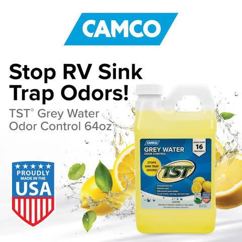 Gray Water Odor Control For RV And Camper Grease Buster Tank Treatment In Lemon Scent, 64 oz bottle with lemon graphics and USA flag