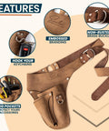 Full-Grain Leather Garden Utility Belt For Women with embossed branding, brass buckle, tool pockets, and keychain hook.