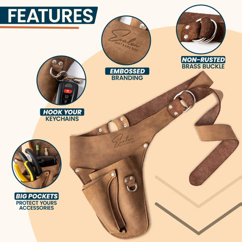Full-Grain Leather Garden Utility Belt For Women with embossed branding, brass buckle, tool pockets, and keychain hook.