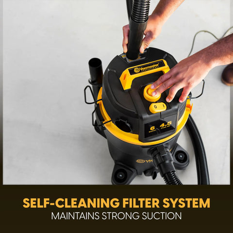 Man operating 6 Gallon 4.5 Peak HP Wet Dry Vacuum With Self Cleaning Filter System For Beast Mode Suction 84 Inch Water Lift from top view.