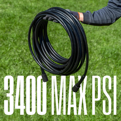 50 Ft PVC Pressure Washer Hose With 3400 Max PSI For Gas And Electric Washers, Heavy Duty Extension Line held outdoors