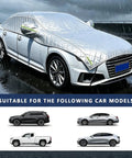 Full Send Hail Protector Car Cover For Tesla Cybertruck 2024 Through 2026 Heavy Duty Padded Waterproof Half Cover With Reflective Strips on a silver car in rain.