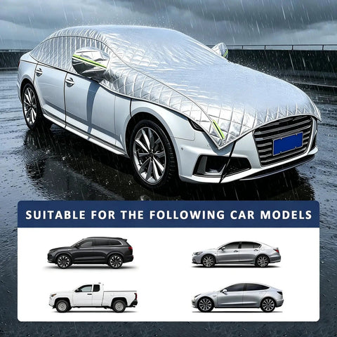 Full Send Hail Protector Car Cover For Tesla Cybertruck 2024 Through 2026 Heavy Duty Padded Waterproof Half Cover With Reflective Strips on a silver car in rain.