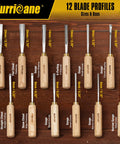 Top Tier 12 Piece Wood Carving Chisel Set With Rock Hard 60CrV Steel Blades And Smooth Ash Wood Grips for various blade profiles