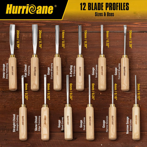 Top Tier 12 Piece Wood Carving Chisel Set With Rock Hard 60CrV Steel Blades And Smooth Ash Wood Grips for various blade profiles