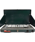 Two Burner Propane Camping Stove with 20,000 BTU Output, wind block panels, and pressure regulator, fits 10 and 12 inch pans