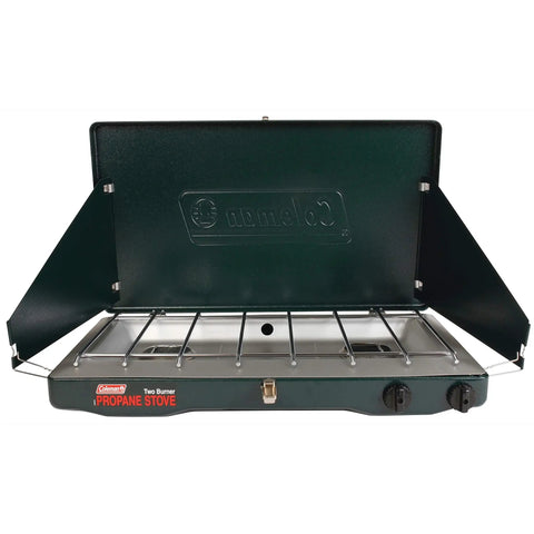 Two Burner Propane Camping Stove with 20,000 BTU Output, wind block panels, and pressure regulator, fits 10 and 12 inch pans