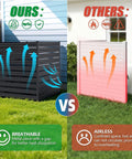 Comparison of breathable Outdoor Privacy Screens 42 Inch High By 38 Inch Wide Three Panels Black Metal Fence Panels with non-breathable airless alternative.