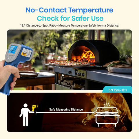Infrared Thermometer Upgrade 774 Temp Gun measuring pizza grill temperature, no-contact use for safe cooking and grilling.