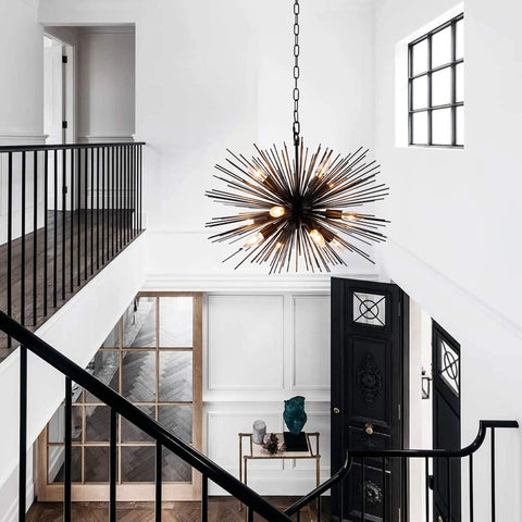 12 Light Gold Finish Sputnik Chandelier Dimmable Incandescent E12 Bulbs 39.4 Inch Hardwired Ceiling Light in modern foyer