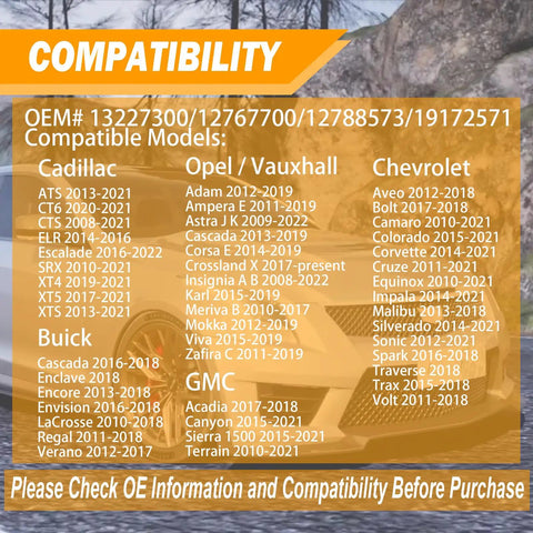 Compatibility chart for Easy Drop In Windshield Washer Fluid Cap Replacement For Chevy, Cadillac, GMC, Buick Direct OEM Fit