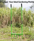 Heavy Duty Broadfork Garden Tool With Five Sharp Cambered 11 Inch Tines 56 Inch Unibody Shaft in a grassy field