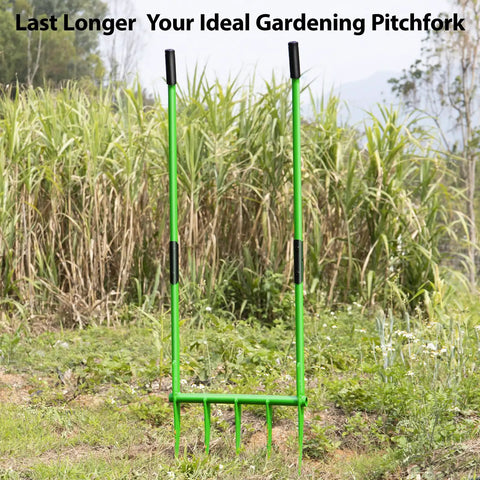 Heavy Duty Broadfork Garden Tool With Five Sharp Cambered 11 Inch Tines 56 Inch Unibody Shaft in a grassy field