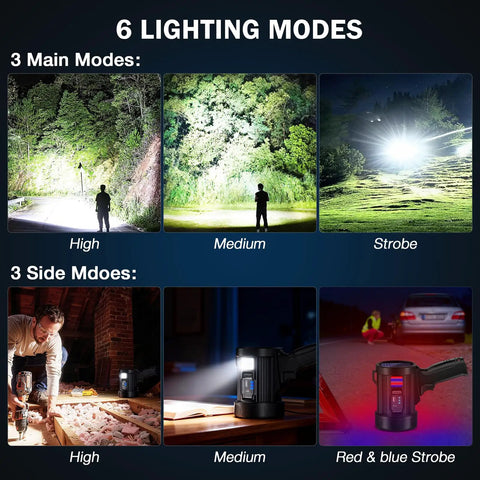 6 lighting modes of Beast Bright 2,000,000 Lumens Rechargeable Spotlight With Solar USB Dual Charging Handheld LED Spot Light COB Light And 3 Color Filters IPX5 Waterproof For Camping Home Hunting And Emergency Use