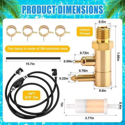 Outboard Fuel Line Hose Kit Five Sixteenth Inch Ten Feet With Primer Bulb And Quick Female Tank Connector Plus Fuel Filter Brass Tank Pro Grade dimensions