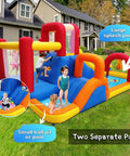 Inflatable Water Slide 10 In 1 Backyard Water Park With Bounce House And Splash Pool Two Slides Ball Pit Water Cannon Climbing Wall Overhead Sprinkler Boxing Ball And Basketball Hoop Epic Backyard Fun For Kids in a yard