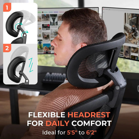 Ergonomic Mesh Office Chair With Adjustable Lumbar Support High Back 400 Lbs Capacity 3D headrest shown in use with desk setup.