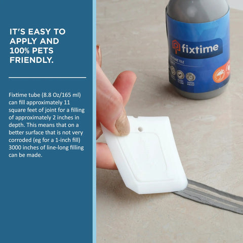 Person applying premixed fast dry gray silicone tile repair kit with caulk filler and sealer for cracked bathroom kitchen and floor tiles 225g 8 oz DIY friendly for gaps and water leaks using a spreading tool.