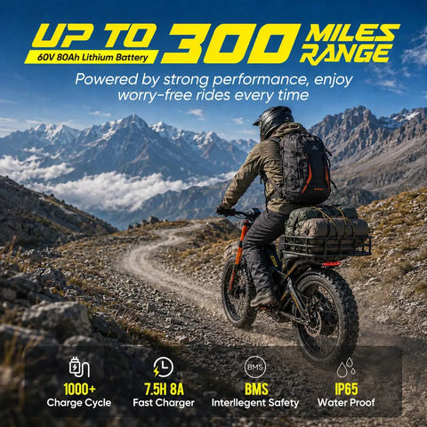 Heavy Hitter Adult Electric Bike With 52 Mph Dual Motors And Super Long Range Fast Fat Tire Mountain Ebike riding on a rocky trail.