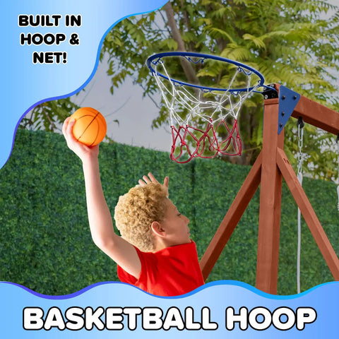 Child playing basketball on Applewood Cedar Wooden Swing Set With Double A Frame And Easy Setup, 32 Inch Two Person Saucer And Sling Swings, 6 Foot Wavy Slide, Covered Fort With Rock Wall, Chalkboard, Sandbox And Basketball Hoop For Backyard Fun
