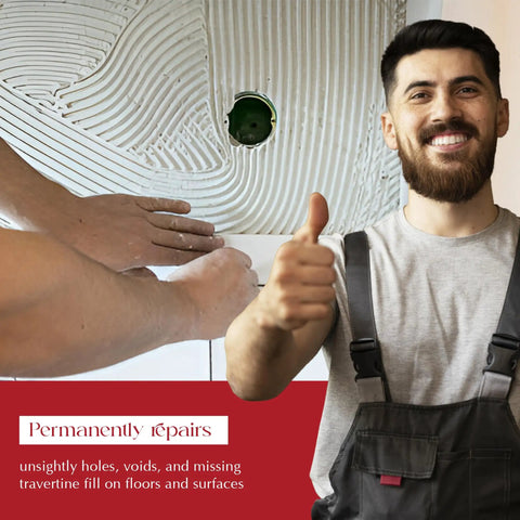 Smiling worker with thumbs up, hands applying Traverfill Travertine Repair for Tiny Pits Holes and Voids in Travertine and Limestone.
