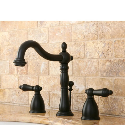 Heritage Widespread Lavatory Faucet With Solid Brass Construction And Metal Lever Handle Heavy Duty Build Oil Rubbed Bronze Finish 8 To 16 Inch Adjustable Center Deck Mount Three Hole Installation 1.2 GPM At Sixty PSI Half Inch IPS Connection