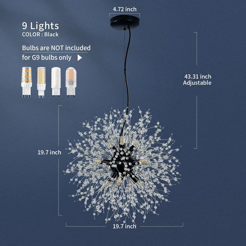 Modern Crystal Sputnik Chandelier With 9 Lights In Black Finish Firework Dandelion Style Ceiling Light Fixture For Bedroom, Living Room, Dining Room, Kitchen Island, And Hallway A Bold Showstopper