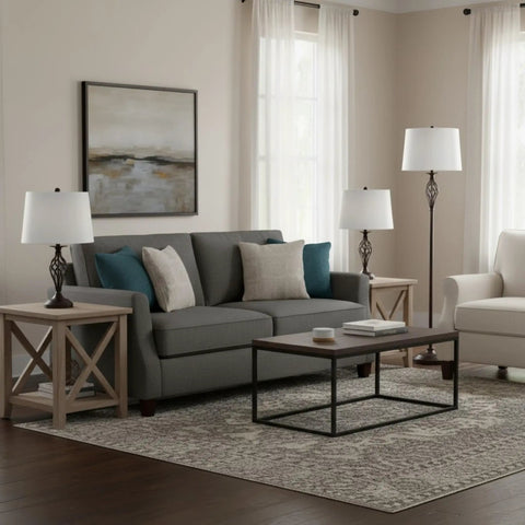 Living room with Three Piece Spiral Cage Floor And Table Lamps Set In Oil Rubbed Bronze With LED Bulbs Included. Modern decor.