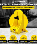 Vertical Featherboard Pro Table Saw Safety Attachment for Woodworking Shops, bright yellow tool on workshop table.