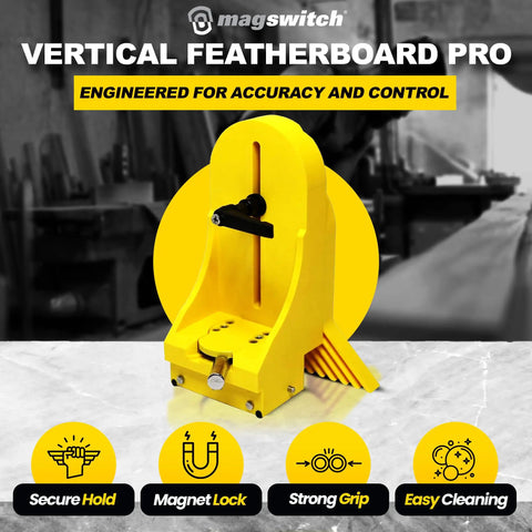 Vertical Featherboard Pro Table Saw Safety Attachment for Woodworking Shops, bright yellow tool on workshop table.