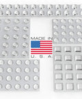 Transparent Adhesive Bumper Pads All In One 106 Piece Set With Round Spherical And Square Cushions For Cabinet Doors Drawers Glass Tops Picture Frames Cutting Boards Sound Dampening And Non Slip Rubber Feet on display with 'Made in USA' sign
