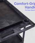 Close-up of black Extra Large Two Shelf Utility Cart With Heavy Duty Wheels 500 Pounds Capacity Rolling Tool Cart showing comfort-grip handle.