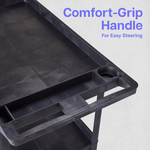 Close-up of black Extra Large Two Shelf Utility Cart With Heavy Duty Wheels 500 Pounds Capacity Rolling Tool Cart showing comfort-grip handle.