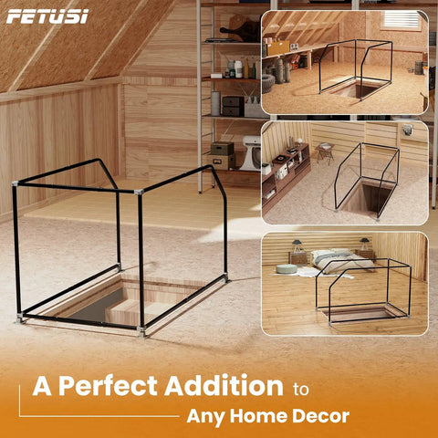 Top Shelf Adjustable Loft Handrail And Attic Ladder Safety Railing bolted down tight with durable stainless steel, in spacious attic.