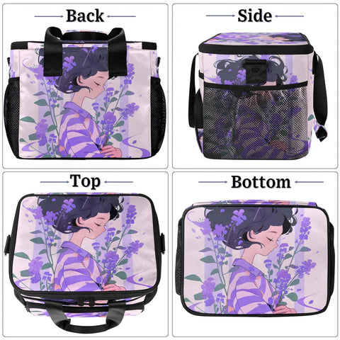 Insulated Picnic Backpack With Floral Design For Women And Men Spacious 12x8.7x10 Inches Lunch Bag showing back, side, top, bottom views