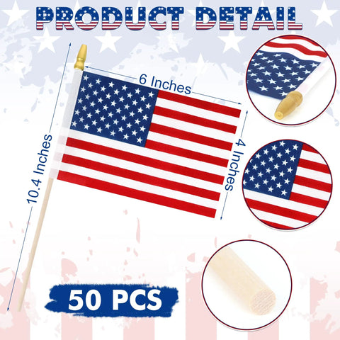 50 Pack 4x6 Inch American Flags On Sticks For Fourth Of July And Patriotic Events Tear Resistant Handheld USA Flags Wrinkle Free