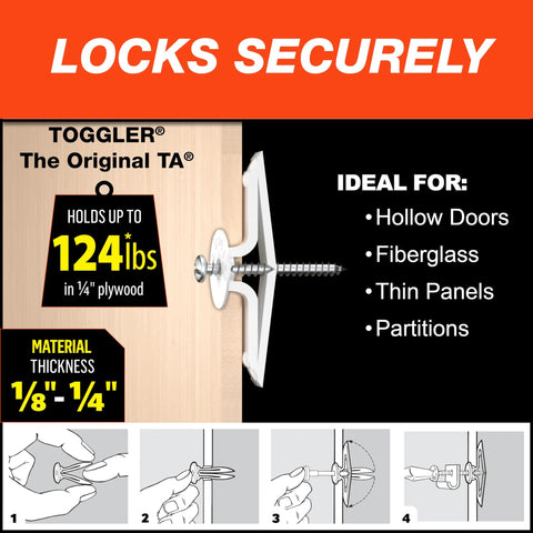 Strong Hollow-Door Anchor With Screws For One Eighth To One Quarter Inch Hollow Core Doors Polypropylene Construction Made In USA Fits Size Eight To Size Twelve Fasteners Pack Of Five Delivers Reliable Mounts For Fixtures And Accessories