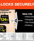Visual guide of Heavy Duty Hollow Door Anchors for Thin Doors fits 8 to 12 screws, grip range 1/8 to 1/4 inch, holds up to 124 lb in plywood.