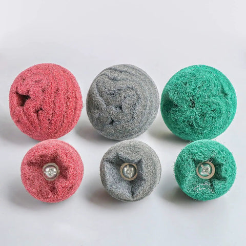 Six Piece Non Woven Abrasive Buffing And Polishing Wheel Drill Attachment Set with green, red, gray heads displayed