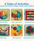 Totally Kid Approved Seven Sided Wooden Activity Cube Featuring Interactive Bead Maze Shape Sorter And Mini Railroad Track, showing colorful learning activities including clock and gears.