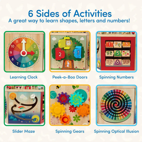 Totally Kid Approved Seven Sided Wooden Activity Cube Featuring Interactive Bead Maze Shape Sorter And Mini Railroad Track, showing colorful learning activities including clock and gears.