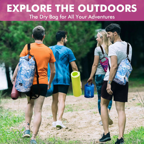 Group hiking with Waterproof Dry Bag 5L Roll Top Backpack For Kayaking Boating Camping And Beach Trips Ultra Lightweight