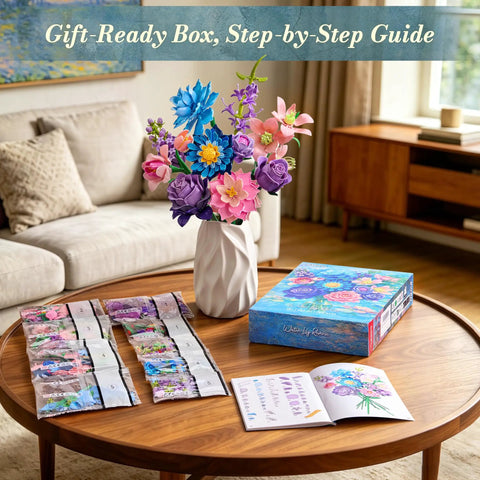 Monet Inspired Water Lily Bouquet Building Set With 603 ABS Bricks To Create A Dope Lifelike Flower Display For Adults And Art Lovers A Great Gift For Creative Home Decor, assembled bouquet on table