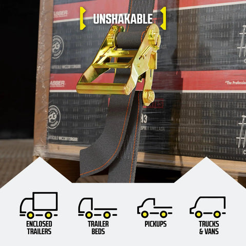 Heavy Duty E Track Ratchet Straps 2 Inch By 16 Foot 4 Pack Cargo Tie Downs With E Track Fittings in use on trailer bed